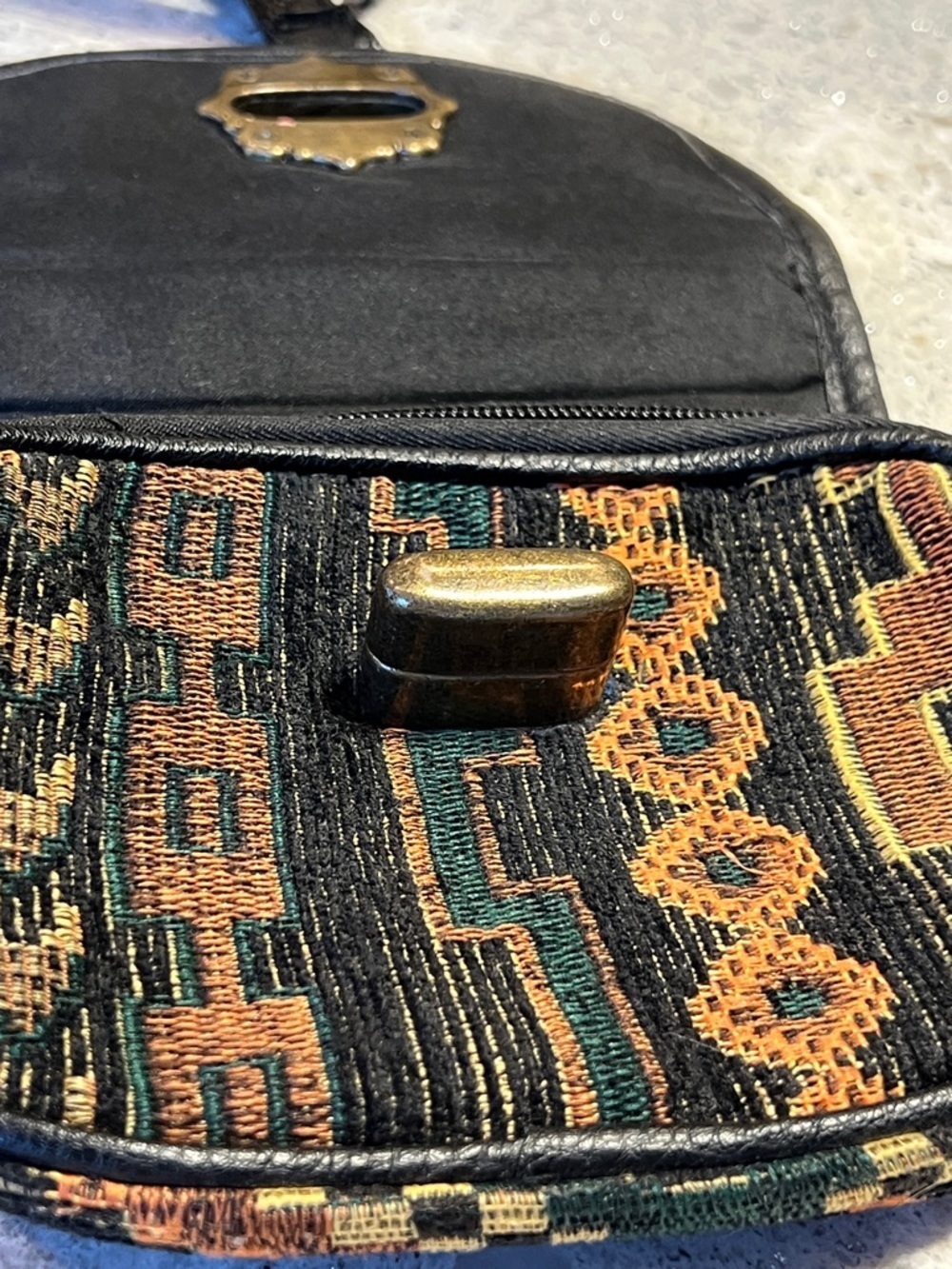 Icing Black Leather & Rust Patterned Tapestry Crossbody Chunky Brass Hardware - Picture 4 of 12